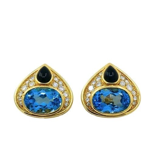 MARINA B 18K GOLD TOPAZ ONYX & DIAMOND CLIP-ON EARRINGS: MARINA B 18K GOLD TOPAZ ONYX & DIAMOND CLIP-ON EARRINGS DESIGNER: Marina B CIRCA: 1980’s MATERIALS: 18k Gold GEMSTONE: Topaz, Onyx & Diamond WEIGHT: 18.3 Grams MEASUREMENTS: 3/4" x 3/4" HALLMARKS: M