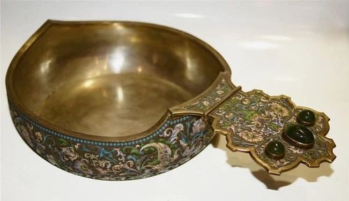 RUSSIAN ENAMEL COVSH KOVSH SCOOP SILVER JADEITE MARKED FABERGE. REPRODUCTION (1 of 2)