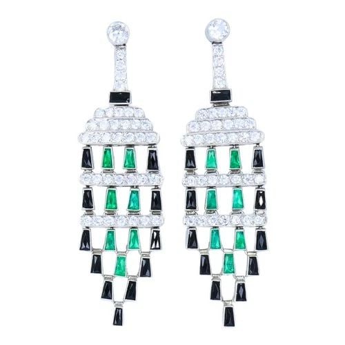 DIAMOND EMERALD ONYX DANGLE EARRINGS ART DECO REVIVAL ESTATE JEWELRY (1 of 2)