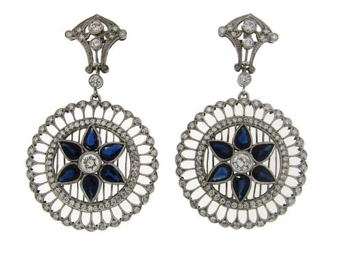 SAPPHIRE DIAMOND PLATINUM DANGLE EARRINGS ART DECO REVIVAL 1960S: SAPPHIRE DIAMOND PLATINUM DANGLE EARRINGS ART DECO REVIVAL 1960S Sapphire Diamond Platinum Earrings Wonderful earrings that are a great addition to your collection. Weight is 19.4 grams. Made of plati