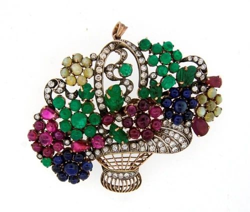 ART DECO TUTTI-FRUTTI 10K GOLD PENDANT PIN BROOCH ANTIQUE GEMSTONE SILVER (1 of 2)