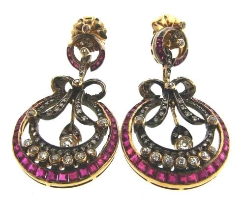 CIRCA 1950S VICTORIAN REVIVAL 14K YELLOW GOLD, SILVER, DIAMOND & RUBY EARRINGS: CIRCA 1950S VICTORIAN REVIVAL 14K YELLOW GOLD, SILVER, DIAMOND & RUBY EARRINGS 14k Yellow Gold, Silver, Ruby & Diamond Victorian Revival Earrings Circa 1950s This is a must for a collector! The weight