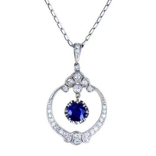 EDWARDIAN NECKLACE PLATINUM SAPPHIRE DIAMOND PENDANT VINTAGE JEWELRY ART DECO (1 of 2)