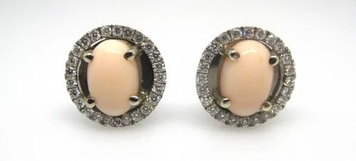 SOPHISTICATED NAPOLITANO PINK CORAL DIAMOND WHITE GOLD POST AND CLIP-ON EARRINGS: SOPHISTICATED NAPOLITANO PINK CORAL DIAMOND WHITE GOLD POST AND CLIP-ON EARRINGS Sophisticated Napolitano Pink Coral & Diamond 14k White Gold Post & Clip-On Earrings The two beautifully toned oval sto