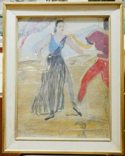 LONDON 1930'S TOUMANOVA BALLERINA DANCING WATERCOLOR PAINTING BY TERECHKOVITCH (1 of 2)