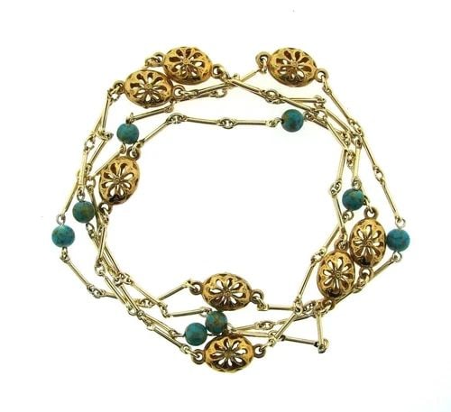 GORGEOUS 14K YELLOW GOLD, SILVER & ARIZONA TURQUOISE NECKLACE: GORGEOUS 14K YELLOW GOLD, SILVER & ARIZONA TURQUOISE NECKLACE 14k Yellow Gold, Silver & Arizona Turquoise Necklace This wonderful item is an essential to your collection. The weight is 28.7 grams. The