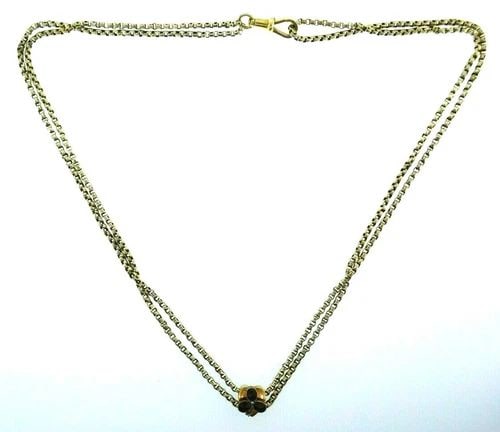 VICTORIAN 9K YELLOW GOLD & GARNET SLIDE WATCH CHAIN NECKLACE CLOVER MOTIF 1900S: VICTORIAN 9K YELLOW GOLD & GARNET SLIDE WATCH CHAIN NECKLACE CLOVER MOTIF 1900S Victorian 9k Yellow Gold & Garnet Slide Watch Chain Necklace Clover Motif Circa 1900s This is a must for a collector. Th
