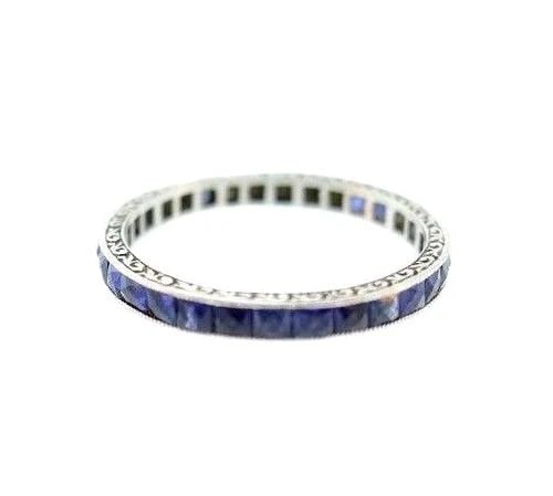 ANTIQUE PLATINUM & SAPPHIRE BAND CIRCA 1900S: ANTIQUE PLATINUM & SAPPHIRE BAND CIRCA 1900S Platinum & Sapphire Band Circa 1900s Antique This is a must for a collector. The weight is 1.2 grams. The length is 3/4 of an inch. The width is 1/16 of an