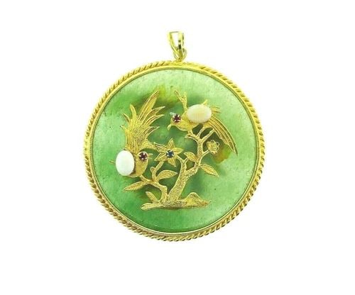 RETRO 18K YELLOW GOLD, OPAL, RUBY, SAPPHIRE & JADE BIRD MOTIF PENDANT C. 1950S (1 of 2)
