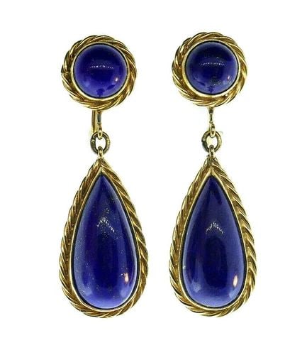 VINTAGE 14K YELLOW GOLD LAPIS DROP EARRINGS: VINTAGE 14K YELLOW GOLD LAPIS DROP EARRINGS Vintage braided 14k yellow gold lapis lazuli drop clip-on earrings Stamped a hallmark for 14k gold Measurements: 1/2" W x 1 3/4" L Total weight is 12.0 gram
