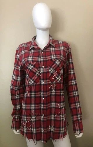 AMIRI STARS EMBELLISHED CHECKED FLANNEL BUTTON DOWN RED SHIRT SIZE SAMLL (1 of 2)
