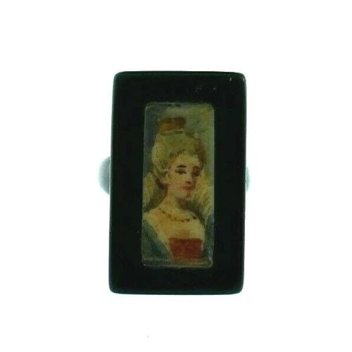 ANTIQUE STERLING SILVER, JET & HAND PAINTED RING CIRCA 1900S: ANTIQUE STERLING SILVER, JET & HAND PAINTED RING CIRCA 1900S Victorian Sterling Silver, Jet & Hand Painted Ring Circa 1900s This is a must for a collector. The ring size is 5.25. The height is 7/8 of 