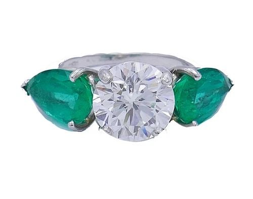 PLATINUM EMERALD DIAMOND THREE-STONE RING 3.01-CT GIA REPORT ESTATE JEWELRY (1 of 2)