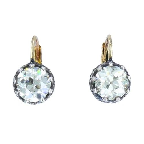 VICTORIAN 14K GOLD SILVER TWO-STONE DIAMOND EARRINGS OLD MINE CUT ANTIQUE (1 of 2)