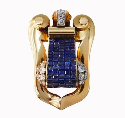 BOUCHERON 18K GOLD RETRO CLIP PIN BROOCH DIAMOND SAPPHIRE: BOUCHERON 18K GOLD RETRO CLIP PIN BROOCH DIAMOND SAPPHIRE Boucheron, Paris Sapphire Diamond 18 karat Yellow Gold Platinum Clip Chic Retro clip created by Boucheron Paris in 1930s. Made of 18 karat yel