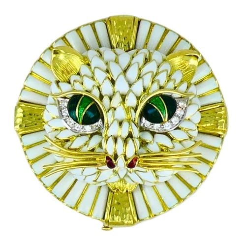 VINTAGE DAVID WEBB CAT BROOCH PENDANT 18K GOLD ENAMEL DIAMOND ESTATE JEWELRY (1 of 2)