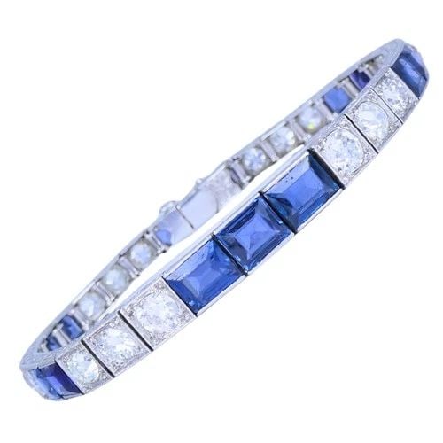 ART DECO DIAMOND TENNIS BRACELET SAPPHIRE PLATINUM ESTATE JEWELRY (1 of 2)