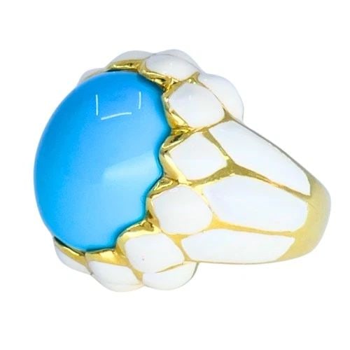 DAVID WEBB RING 18K GOLD WHITE ENAMEL TURQUOISE COCKTAIL RING ESTATE JEWELRY (1 of 2)