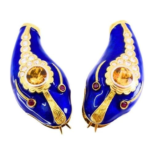 VINTAGE FRENCH 1950S SNAKE EARRINGS 18K GOLD PLATINUM BLUE ENAMEL GEMSTONES: VINTAGE FRENCH 1950S SNAKE EARRINGS 18K GOLD PLATINUM BLUE ENAMEL GEMSTONES French 18 karat Yellow Gold Platinum Diamond Citrine Ruby Enamel Earrings These vintage circa 1950s snake earrings showcase 