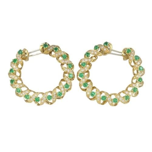 VINTAGE ASPREY & CO. 18K GOLD DIAMOND EMERALD CIRCULAR EARRINGS: Vintage Asprey & Co. 18k Gold Diamond Emerald Circular Earrings KL JUOOO These Asprey emerald and diamond hoop earrings are crafted in 18k yellow gold and feature a sculptural twisted ribbon design fo