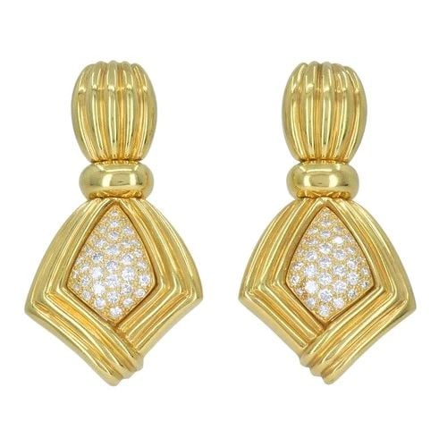 VINTAGE BOUCHERON PARIS 18K GOLD DIAMOND RIBBED DROP EARRINGS (1 of 2)