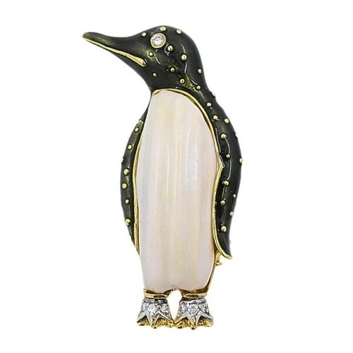 ALDO CIPULLO FOR CARTIER BROOCH PENGUIN ENAMEL DIAMOND 18K GOLD: DESIGNER: Aldo Cipullo for Cartier CIRCA: 1970’s MATERIALS: 18 karat Yellow Gold, Enamel GEMSTONE: Diamond WEIGHT: 34 grams MEASUREMENTS: 2 3/8" x 7/8" HALLMARKS: Cartier, A. Cipullo ITEM DETAILS: A