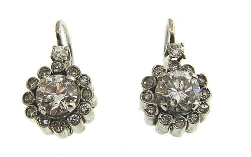 DECO PALLADIUM 18K WHITE GOLD DIAMOND STUD CLUSTER FLOWER EARRINGS: DECO PALLADIUM 18K WHITE GOLD DIAMOND STUD CLUSTER FLOWER EARRINGS Art Deco Palladium 18k White Gold 1.10 + 1.10 Carat Diamond Stud Cluster Flower Earrings Wonderful pendant that is a great addition t