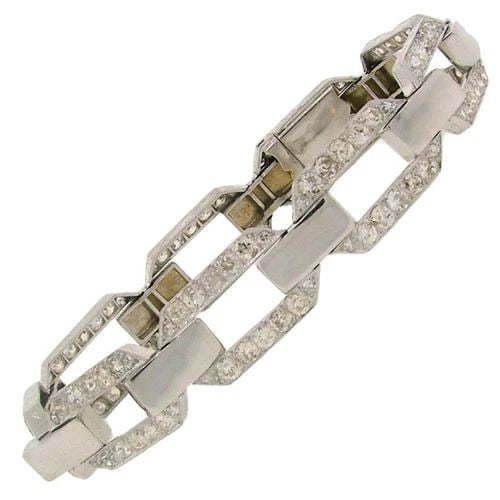 DIAMOND PLATINUM WHITE GOLD LINK BRACELET FRENCH 1920S ART DECO: DIAMOND PLATINUM WHITE GOLD LINK BRACELET FRENCH 1920S ART DECO 1920’s French Diamond Platinum & White Gold Bracelet Chic diamond link bracelet that is a great addition to your collection. Weight is