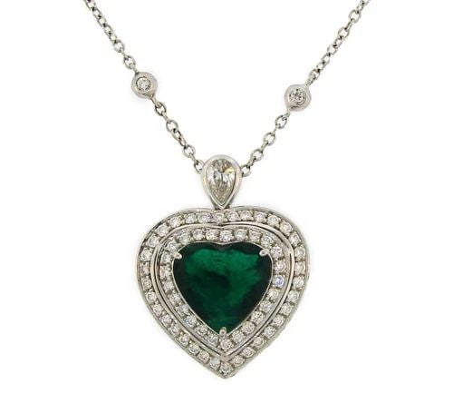 4.47-CT EMERALD 1.59 CTS DIAMOND WHITE GOLD HEART PENDANT NECKLACE ITALY: 4.47-CT EMERALD 1.59 CTS DIAMOND WHITE GOLD HEART PENDANT NECKLACE ITALY VK JOTOO 4.47-carat Heart Emerald 1.59 carats Diamond 18 karat White Gold Heart Pendant Necklace Lovely feminine necklace - gre