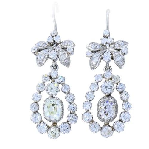 ART DECO PLATINUM DROP EARRINGS OLD EUROPEAN CUSHION CUT DIAMONDS ESTATE JEWELRY (1 of 2)