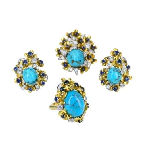 KERN JEWELRY SET TURQUOISE CABOCHON SAPPHIRE DIAMOND ESTATE JEWELRY (1 of 2)