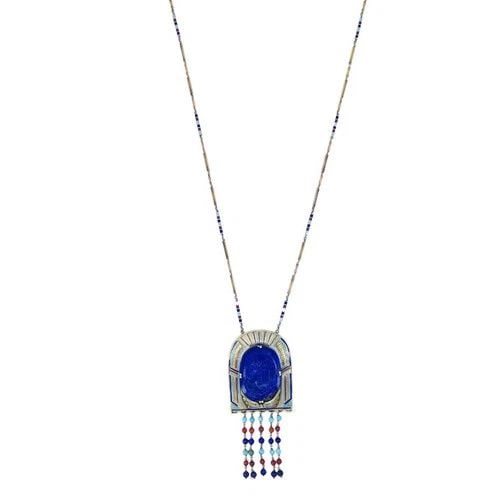 EGYPTIAN REVIVAL 14K GOLD GEMSTONES ENAMEL PENDANT NECKLACE (1 of 2)