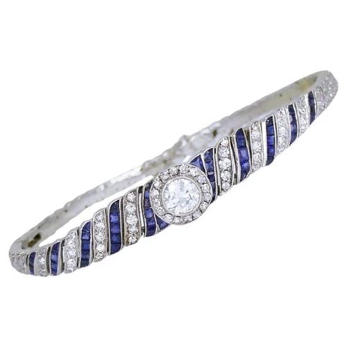 ART DECO PLATINUM BRACELET OLD EUROPEAN CUT DIAMOND SAPPHIRE ESTATE JEWELRY (1 of 2)