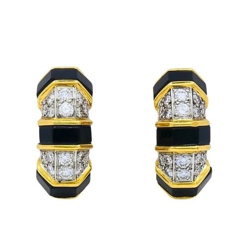 TIFFANY & CO. 18K GOLD ONYX DIAMOND HOOP EARRINGS: TIFFANY & CO. 18K GOLD ONYX DIAMOND HOOP EARRINGS DESIGNER: Tiffany & Co. CIRCA: Late 20th Century MATERIALS: 18k Gold GEMSTONE: Onyx, Diamond WEIGHT: 15.3 Grams MEASUREMENTS: 3/8" x 7/8" HALLMARKS: T