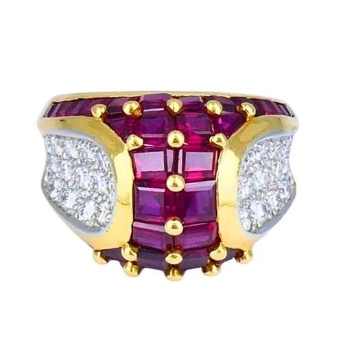 OSCAR HEYMAN VINTAGE COCKTAIL RING GOLD PLATINUM RUBY DIAMOND ESTATE JEWELRY: OSCAR HEYMAN VINTAGE COCKTAIL RING GOLD PLATINUM RUBY DIAMOND ESTATE JEWELRY OSCAR HEYMAN 18k Yellow Gold Platinum Ruby Diamond Ring A stunning Oscar Heyman vintage cocktail ring, crafted in 18k gold 
