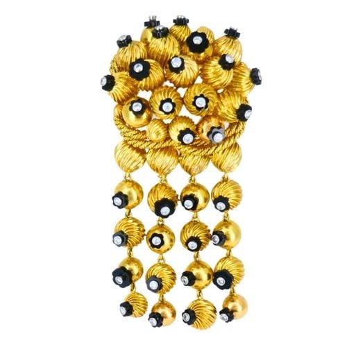 ONYX GOLD BEAD BROOCH 18K RETRO JEWELRY SIGNED OSL ESTATE VINTAGE: ONYX GOLD BEAD BROOCH 18K RETRO JEWELRY SIGNED OSL ESTATE VINTAGE Retro 18 karat Yellow Gold Brooch with Black Onyx & Diamond A whimsical black onyx and gold bead brooch, circa 1950s. The brooch is de