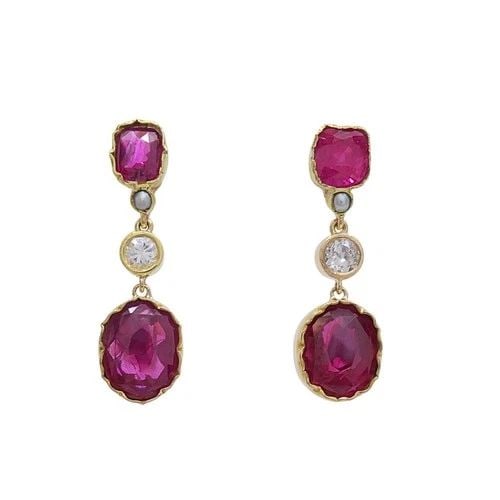 14K GOLD RUBY DROP EARRINGS DIAMOND ACCENT (1 of 2)