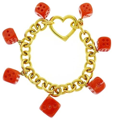 TIFFANY & CO. YELLOW GOLD BRACELET WITH MEDITERRANEAN CORAL DICE CHARMS (1 of 2)