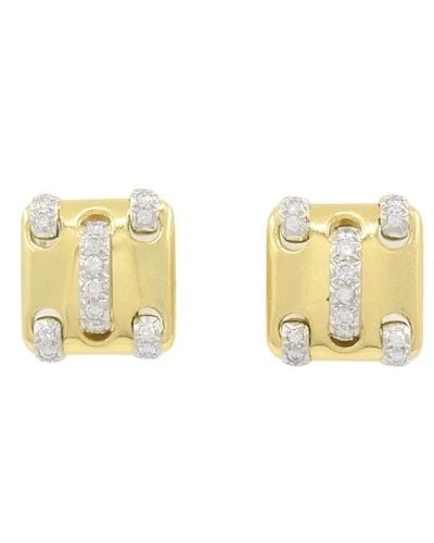 VINTAGE CARTIER EARRINGS 18K GOLD DIAMOND STITCH DESIGN: VINTAGE CARTIER EARRINGS 18K GOLD DIAMOND STITCH DESIGN NS IOOO A pair of vintage Cartier earrings, made from 18k yellow and white gold and set with diamonds. The earrings feature a compact square for