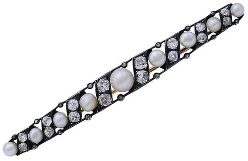 VICTORIAN NATURAL PEARL DIAMOND TIE PIN IN SILVER AND 14K YELLOW GOLD GIA REPORT (1 of 2)