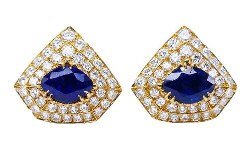 AREZA VINTAGE FRENCH EARRINGS 18K GOLD SAPPHIRE DIAMOND ESTATE JEWELRY (1 of 2)