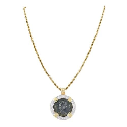 VINTAGE 14K GOLD DIAMOND ANCIENT COIN PENDANT NECKLACE (1 of 2)