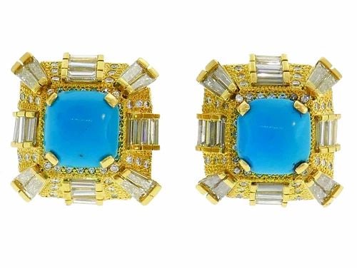 TURQUOISE DIAMOND YELLOW GOLD EARRINGS: TURQUOISE DIAMOND YELLOW GOLD EARRINGS VK JNOO Turquoise Diamond Yellow Gold Earrings · Wonderful pair of earrings that is a great addition to your collection. · Weight is 9.2 grams. · Made of 14k 