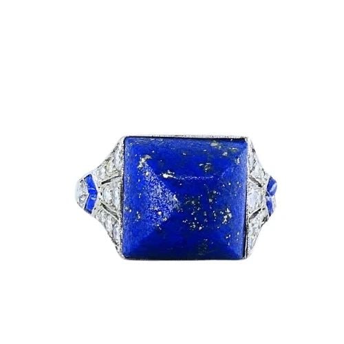 CARTIER ART DECO LAPIS LAZULI DIAMOND PLATINUM RING: CARTIER ART DECO LAPIS LAZULI DIAMOND PLATINUM RING DESIGNER: Cartier CIRCA: 1920s MATERIALS: Platinum GEMSTONE: Lapis Lazuli, Diamond WEIGHT:5.2 Grams MEASUREMENTS: 7/16" x 7/16" RING SIZE: 8 HALLMAR
