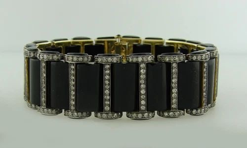 CHIC BLACK ONYX 2.52 CTS DIAMOND SILVER YELLOW GOLD BRACELET ART DECO REVIVAL (1 of 2)