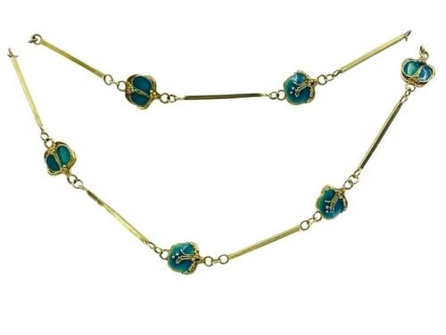 JANE ALLEN ART NOUVEAU GOLD ENAMEL NECKLACE: JANE ALLEN ART NOUVEAU GOLD ENAMEL NECKLACE JANE ALLEN ART NOUVEAU GOLD ENAMEL NECKLACE DESIGNER: Jane Allen CIRCA: 1970’s MATERIALS: 18k Yellow Gold GEMSTONE: Enamel WEIGHT: 38 grams MEASUREMENTS: 
