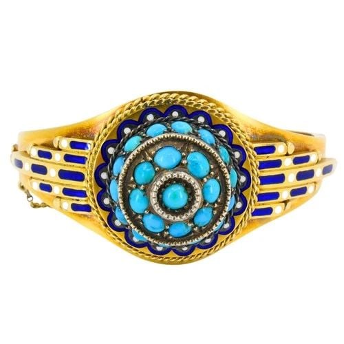 VINTAGE TURQUOISE BRACELET ENAMEL BANGLE 14K GOLD SILVER ACCENTS (1 of 2)