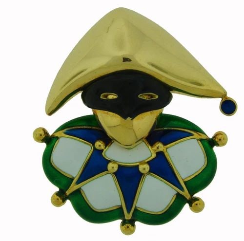 MAUBOUSSIN PARIS ENAMEL GOLD JESTER PIN BROOCH 1980S (1 of 2)