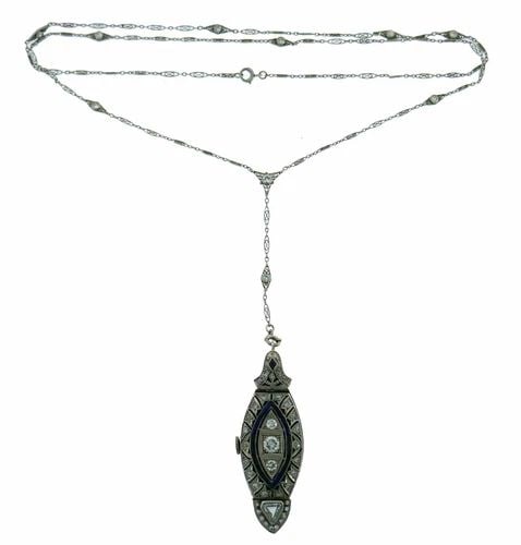 ART DECO PLATINUM DIAMOND WATCH PENDANT NECKLACE CHAIN ANTIQUE C.1925: ART DECO PLATINUM DIAMOND WATCH PENDANT NECKLACE CHAIN ANTIQUE C.1925 UNIQUE C.1925 ART DECO PLATINUM DIAMOND WATCH PENDANT CHAIN NECKLACE RARE WATCH SWISS 15 JEWELS THREE ADJUSTMENTS C.NICOLET WEIGHT