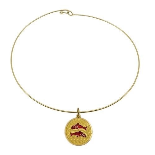 VINTAGE 18K GOLD RED ENAMEL PISCES ZODIAC MEDALLION PENDANT NECKLACE: VINTAGE 18K GOLD RED ENAMEL PISCES ZODIAC MEDALLION PENDANT NECKLACE MATERIALS 18k Gold, Enamel WEIGHT Pendant - 5.3 Grams Choker - 8.4 Grams MEASUREMENTS Pendant Diameter - 7/8" Choker - 15" HALLMARK